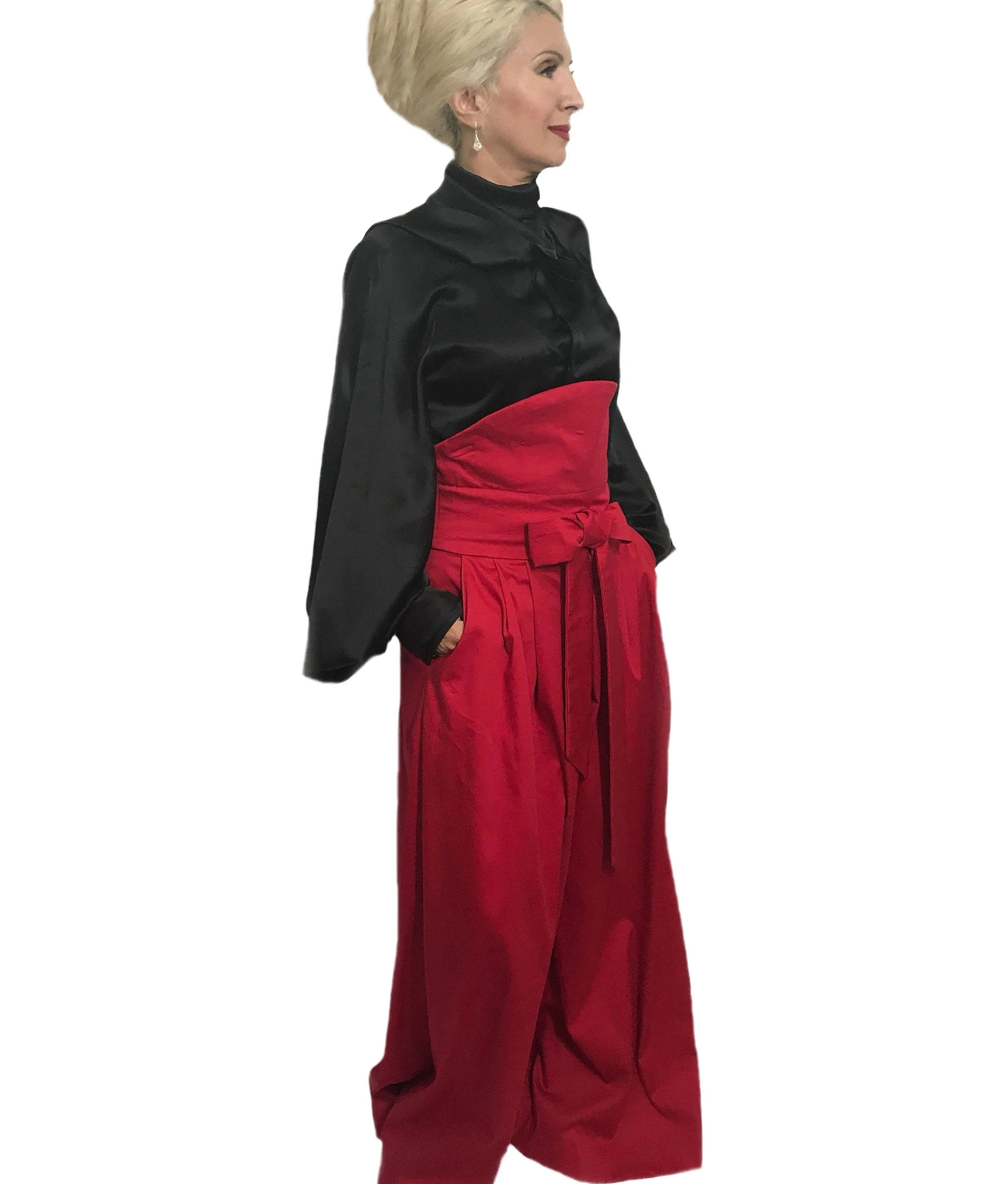 High-Rise Cotton Satin Palazzo Trousers In Tango Red Color