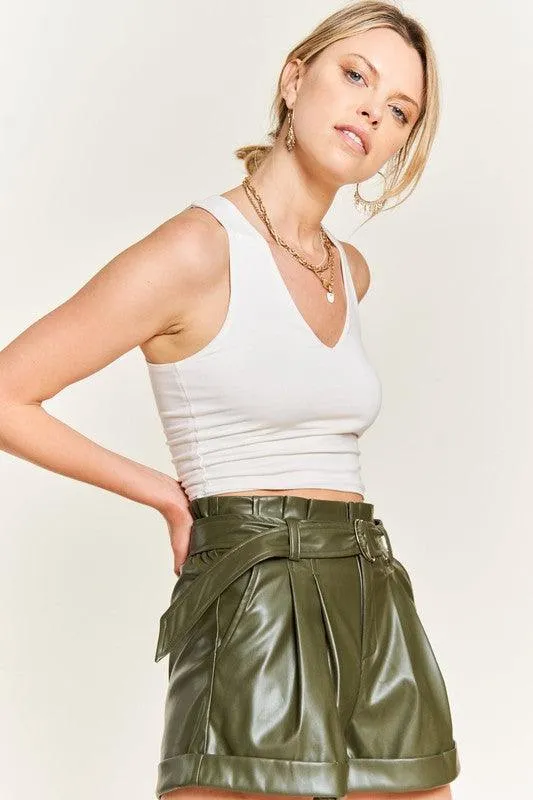 High-Rise Metallic Vegan Leather Belted Shorts