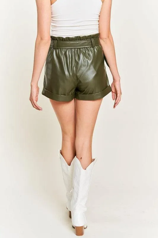 High-Rise Metallic Vegan Leather Belted Shorts