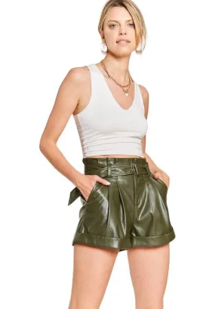 High-Rise Metallic Vegan Leather Belted Shorts