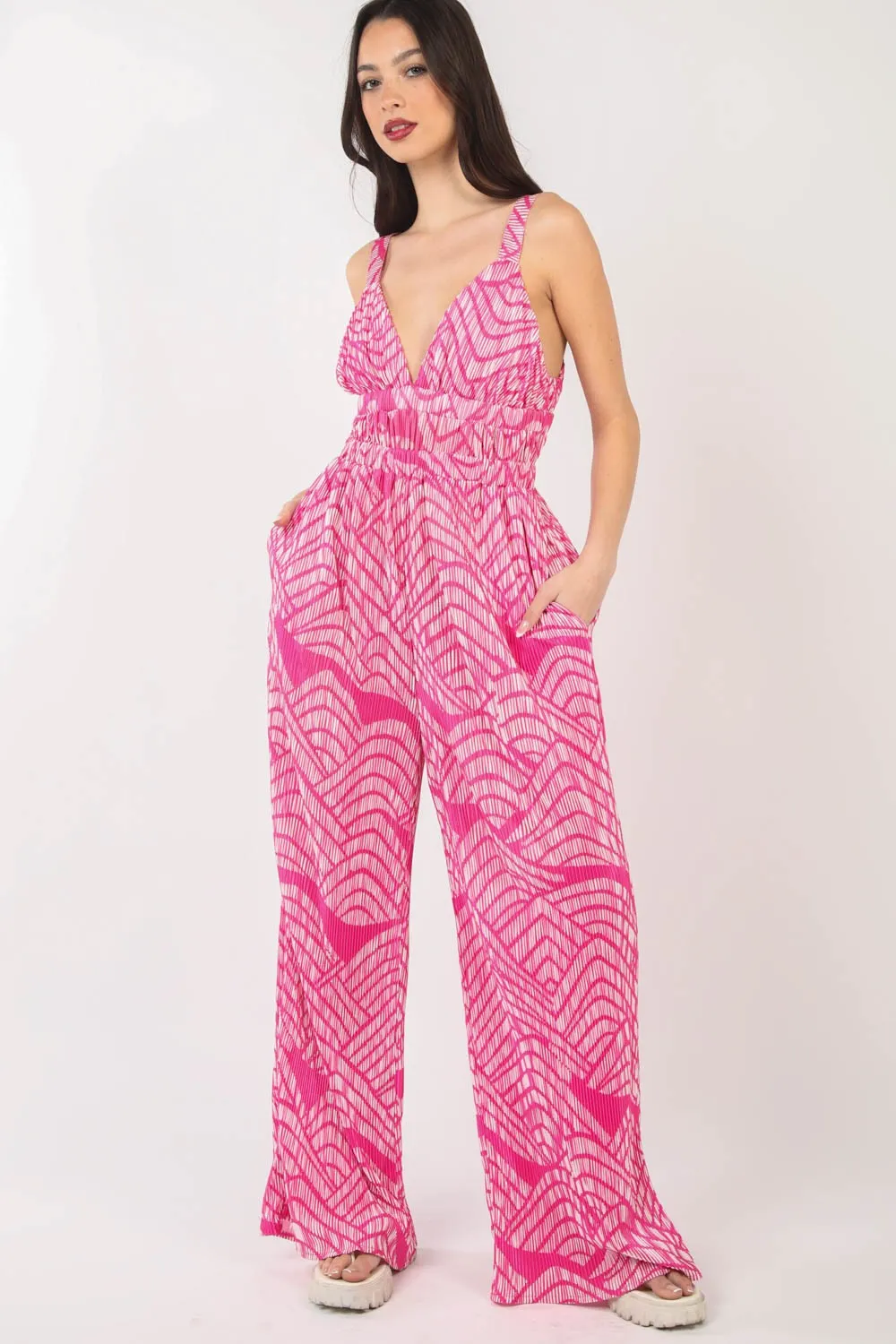 Hot Girl Geometric Pleated Sleeveless Wide Leg Jumpsuit In Hot Pink