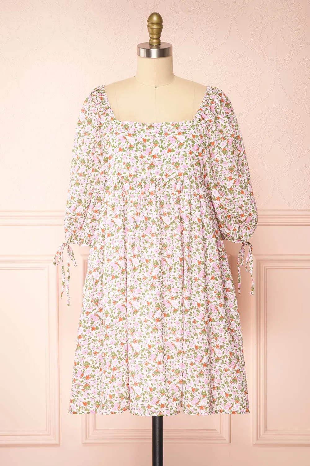 Kalla | Floral Short Dress w/ 3/4 Puffy Sleeves