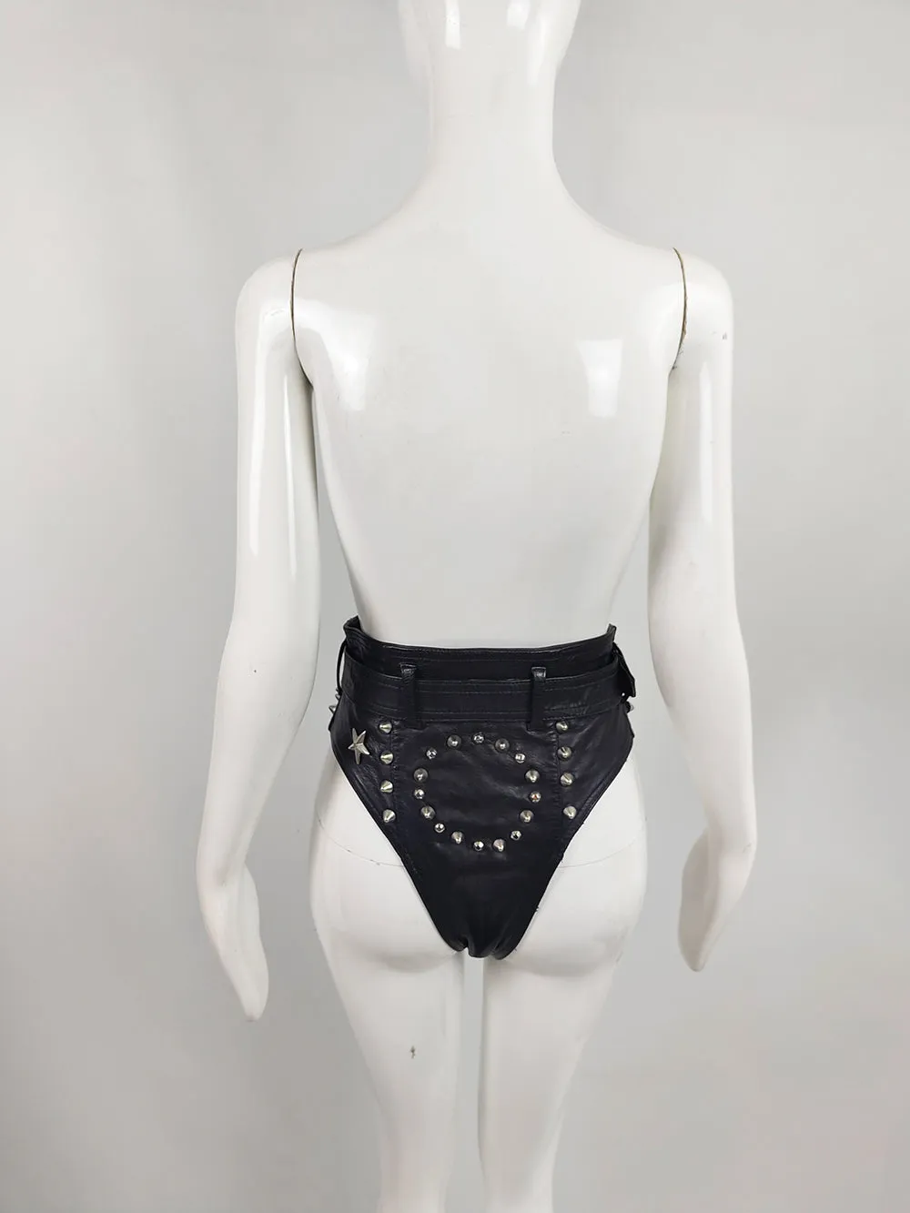 Katharine Hamnett Vintage Black Leather 'Clean Up or Die' Studded Hot Pants, 1990