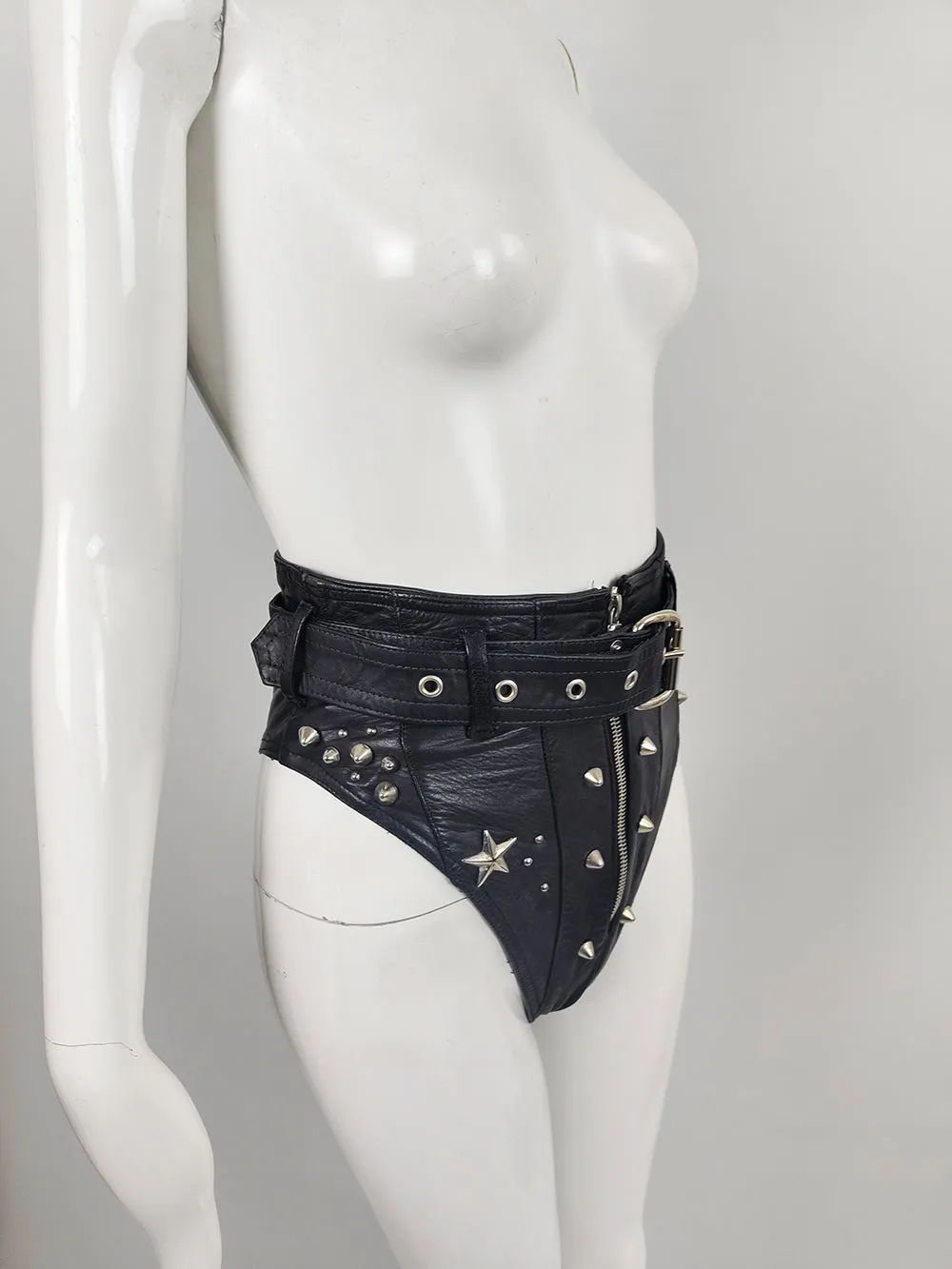 Katharine Hamnett Vintage Black Leather 'Clean Up or Die' Studded Hot Pants, 1990