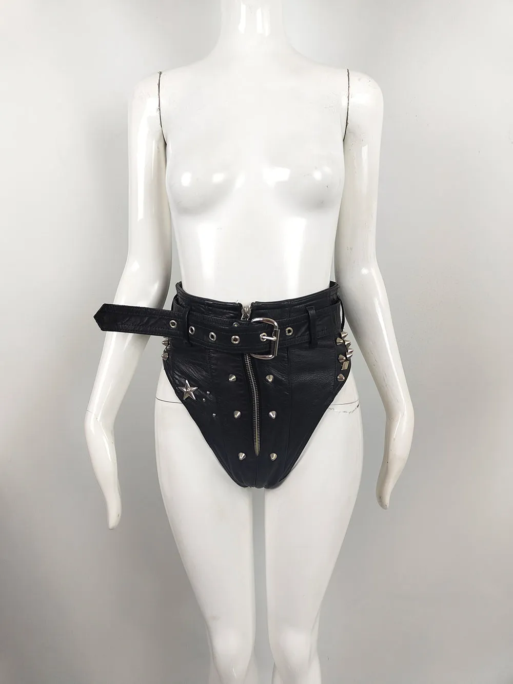 Katharine Hamnett Vintage Black Leather 'Clean Up or Die' Studded Hot Pants, 1990