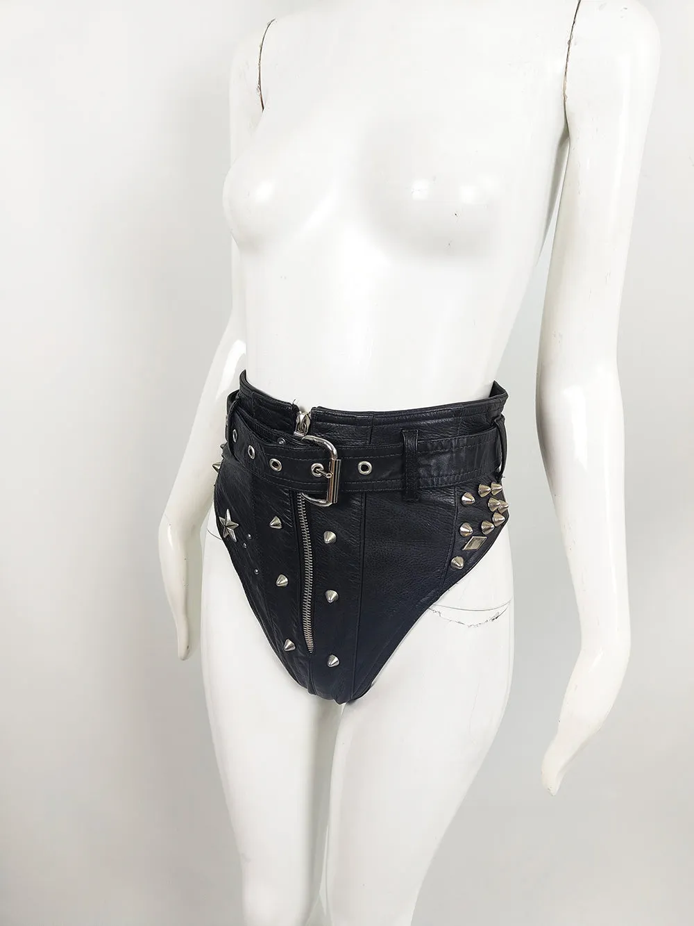 Katharine Hamnett Vintage Black Leather 'Clean Up or Die' Studded Hot Pants, 1990