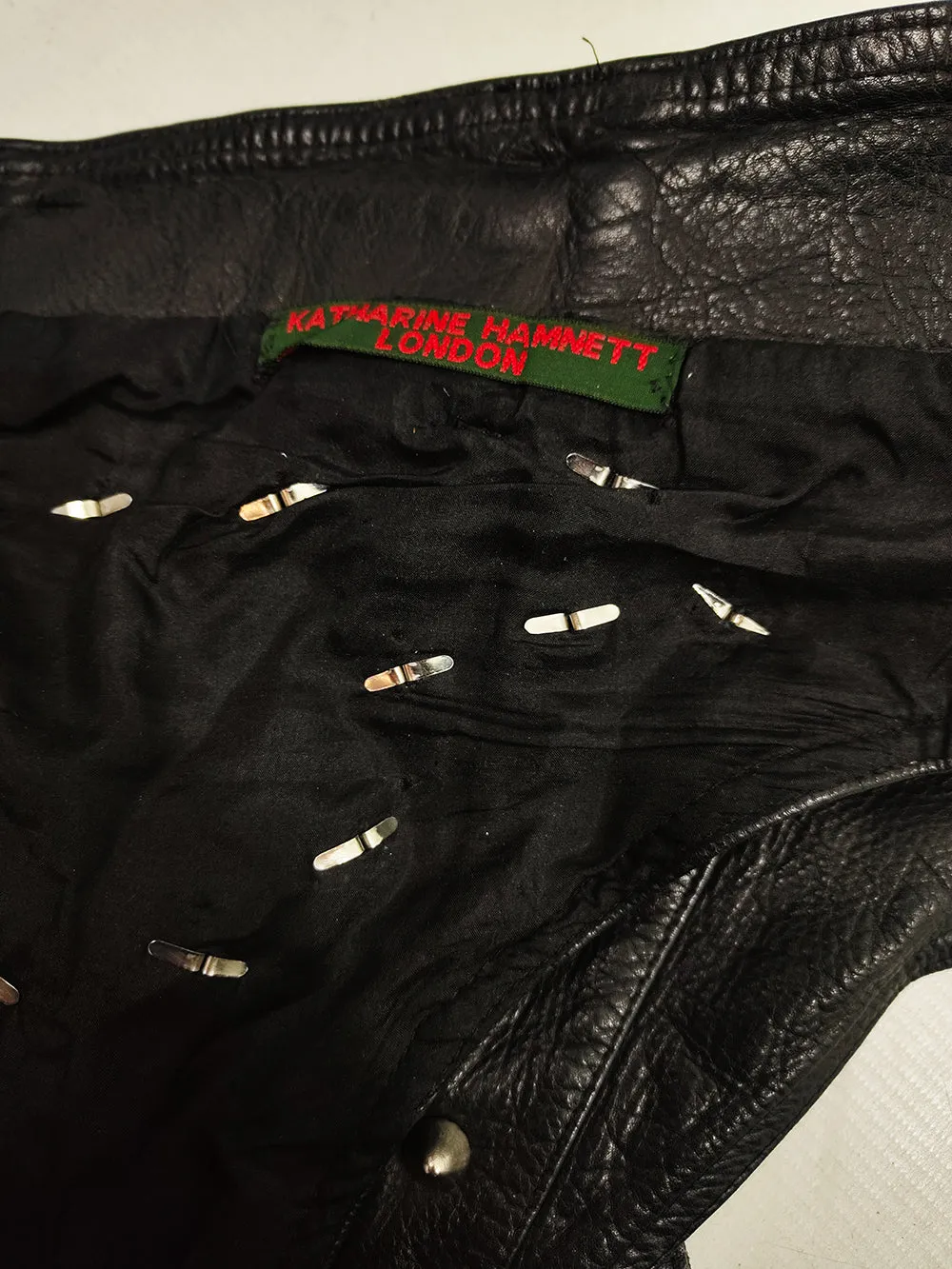 Katharine Hamnett Vintage Black Leather 'Clean Up or Die' Studded Hot Pants, 1990