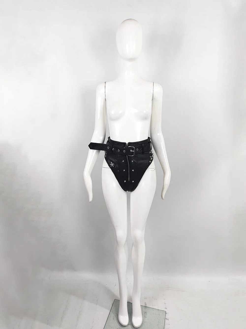 Katharine Hamnett Vintage Black Leather 'Clean Up or Die' Studded Hot Pants, 1990