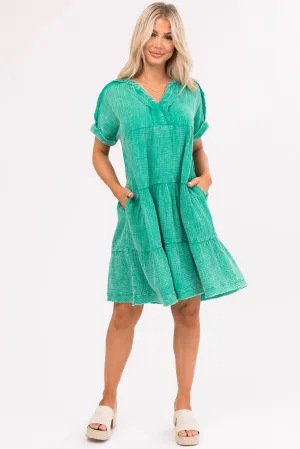 Kelly Green Washed Tiered V Neck Mini Dress