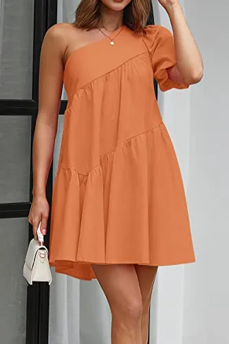 KIRUNDO Womens 2023 Summer Casual One Shoulder Mini Babydoll Dress Puff Sleeve Loose Tiered A Line Flowy Short Dresses(Orange, Large)