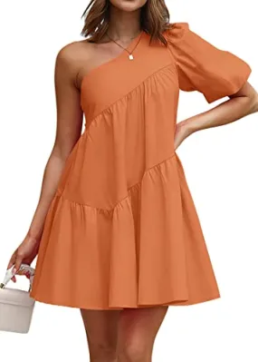 KIRUNDO Womens 2023 Summer Casual One Shoulder Mini Babydoll Dress Puff Sleeve Loose Tiered A Line Flowy Short Dresses(Orange, Large)