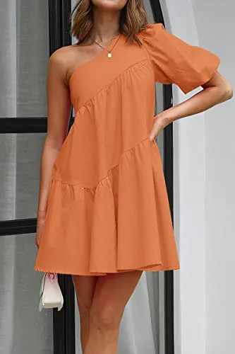 KIRUNDO Womens 2023 Summer Casual One Shoulder Mini Babydoll Dress Puff Sleeve Loose Tiered A Line Flowy Short Dresses(Orange, Large)