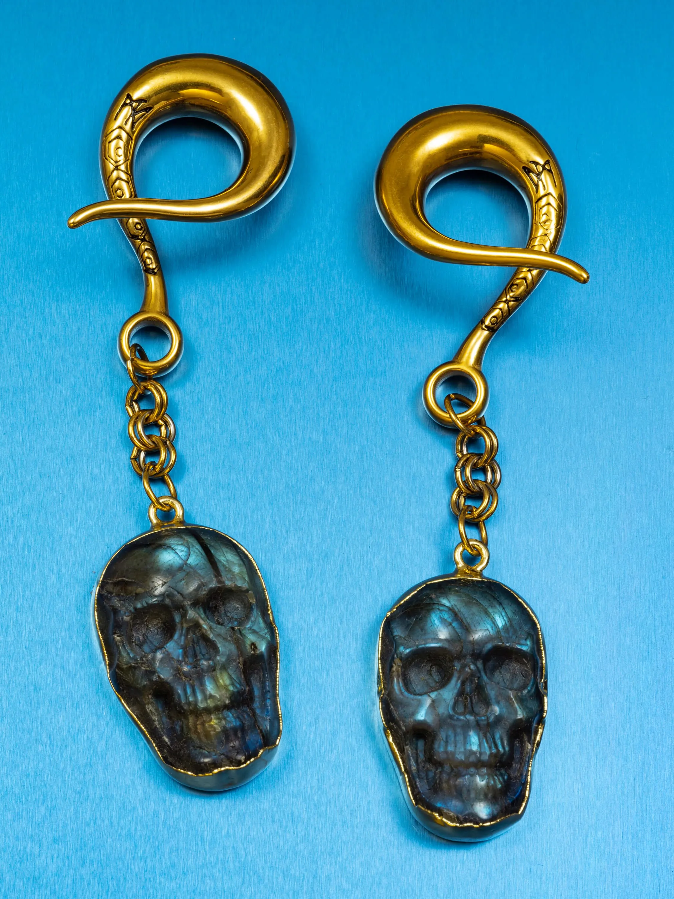 Labradorite Skull Gold Curled Hook Hangers