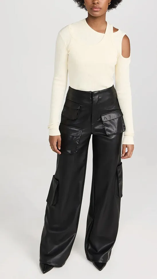 Layla Women's Real Leather Wide Leg Pants Black