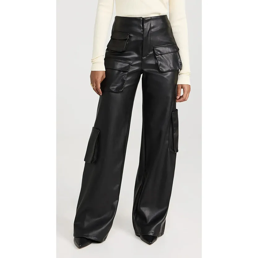 Layla Women's Real Leather Wide Leg Pants Black