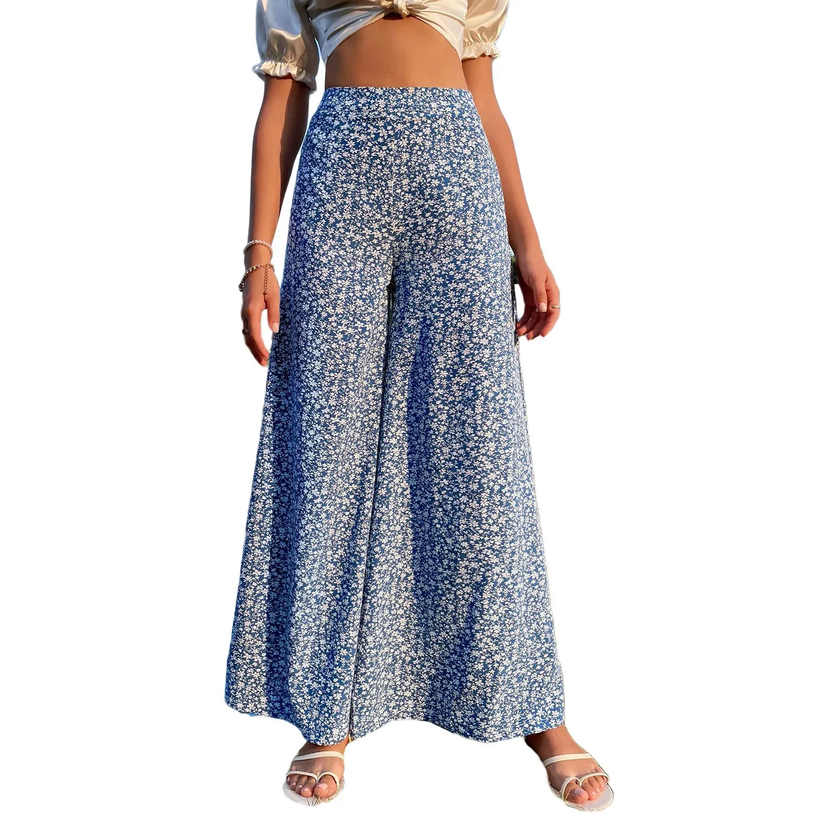 Leg High Waist Floral Printed Baggy Loose Casual Straight Wide Pants