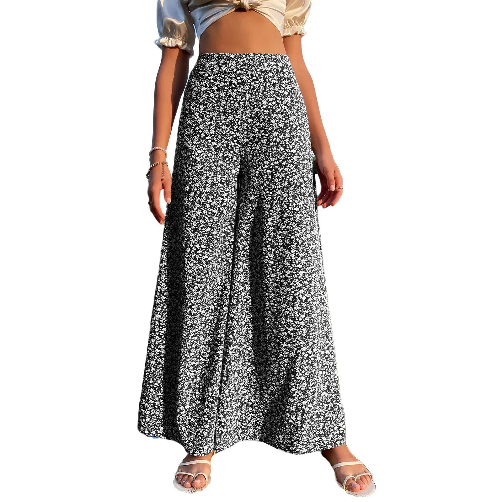 Leg High Waist Floral Printed Baggy Loose Casual Straight Wide Pants