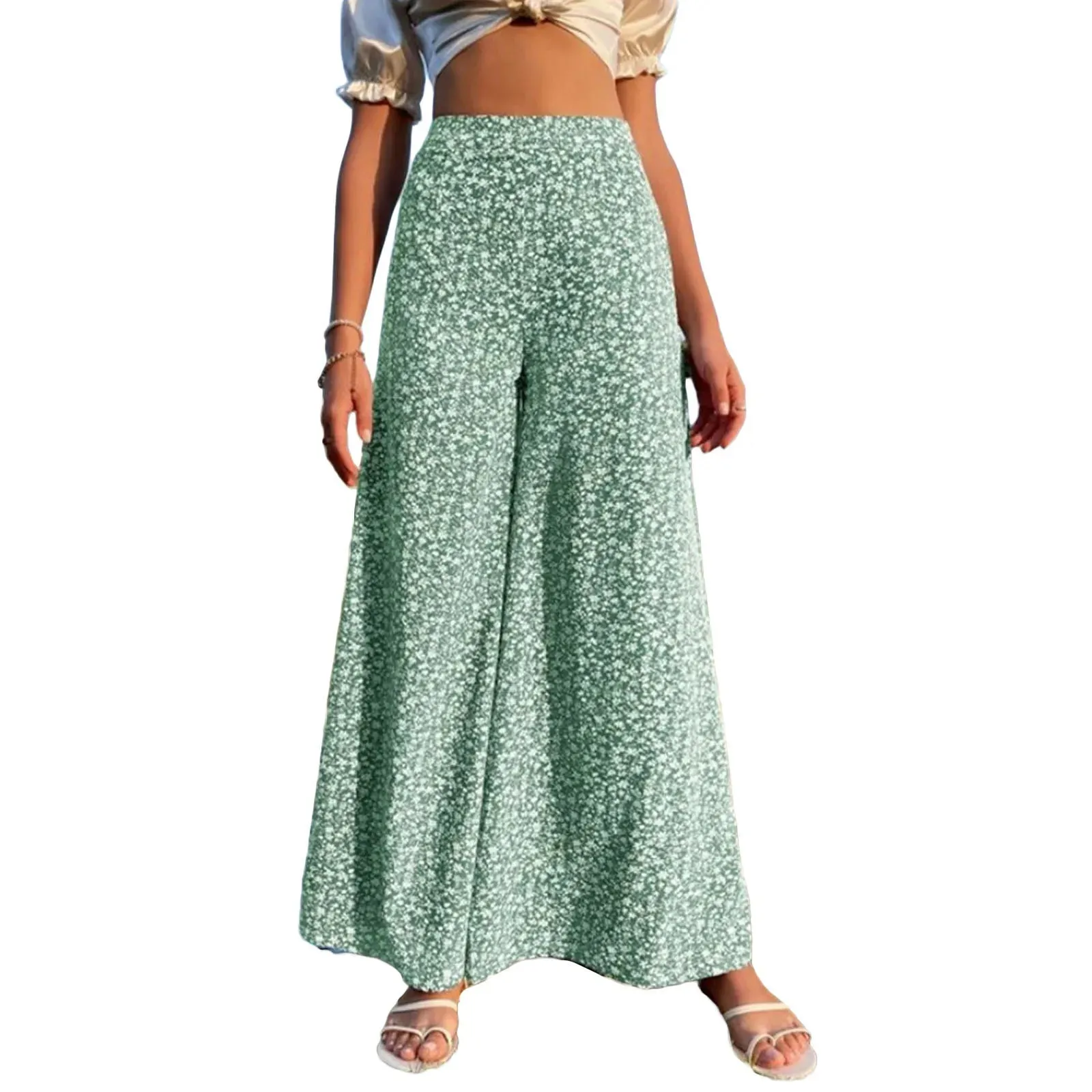 Leg High Waist Floral Printed Baggy Loose Casual Straight Wide Pants