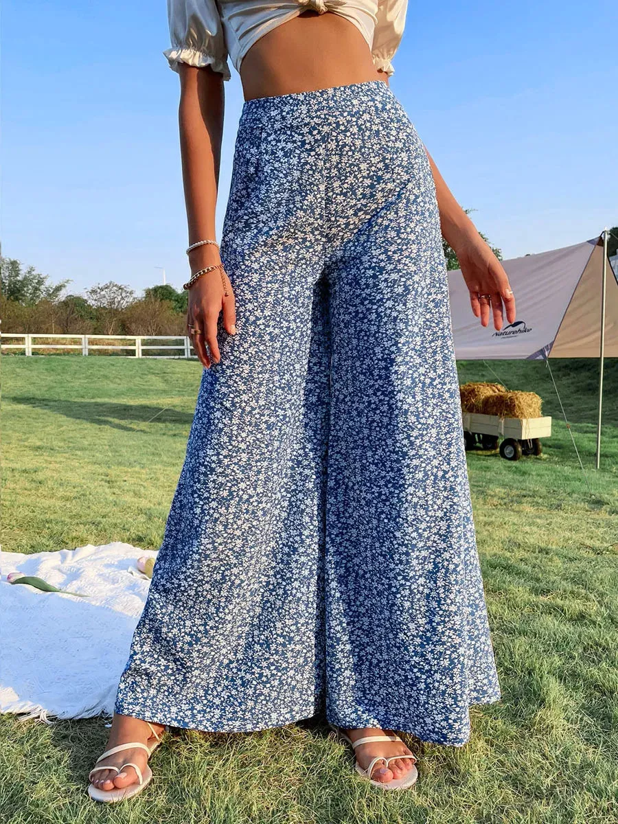 Leg High Waist Floral Printed Baggy Loose Casual Straight Wide Pants