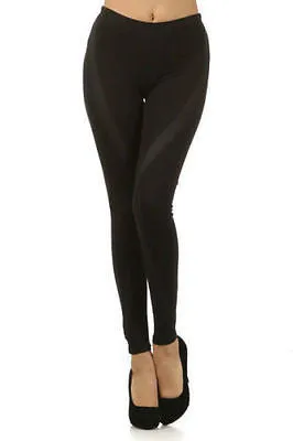 Leggings Black Faux Leather Panel Wave Pants Stretch Long Knit