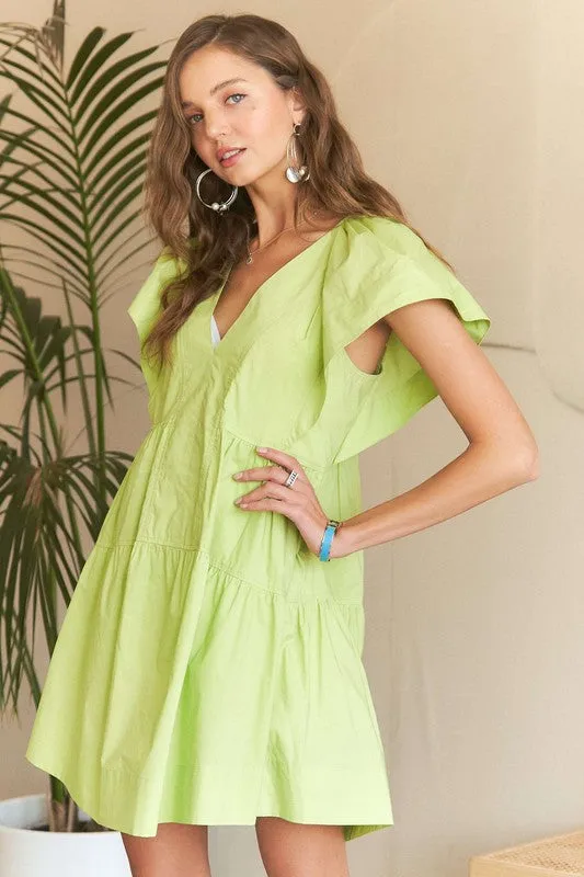 Lime Ruffle Sleeve Tiered Babydoll Dress