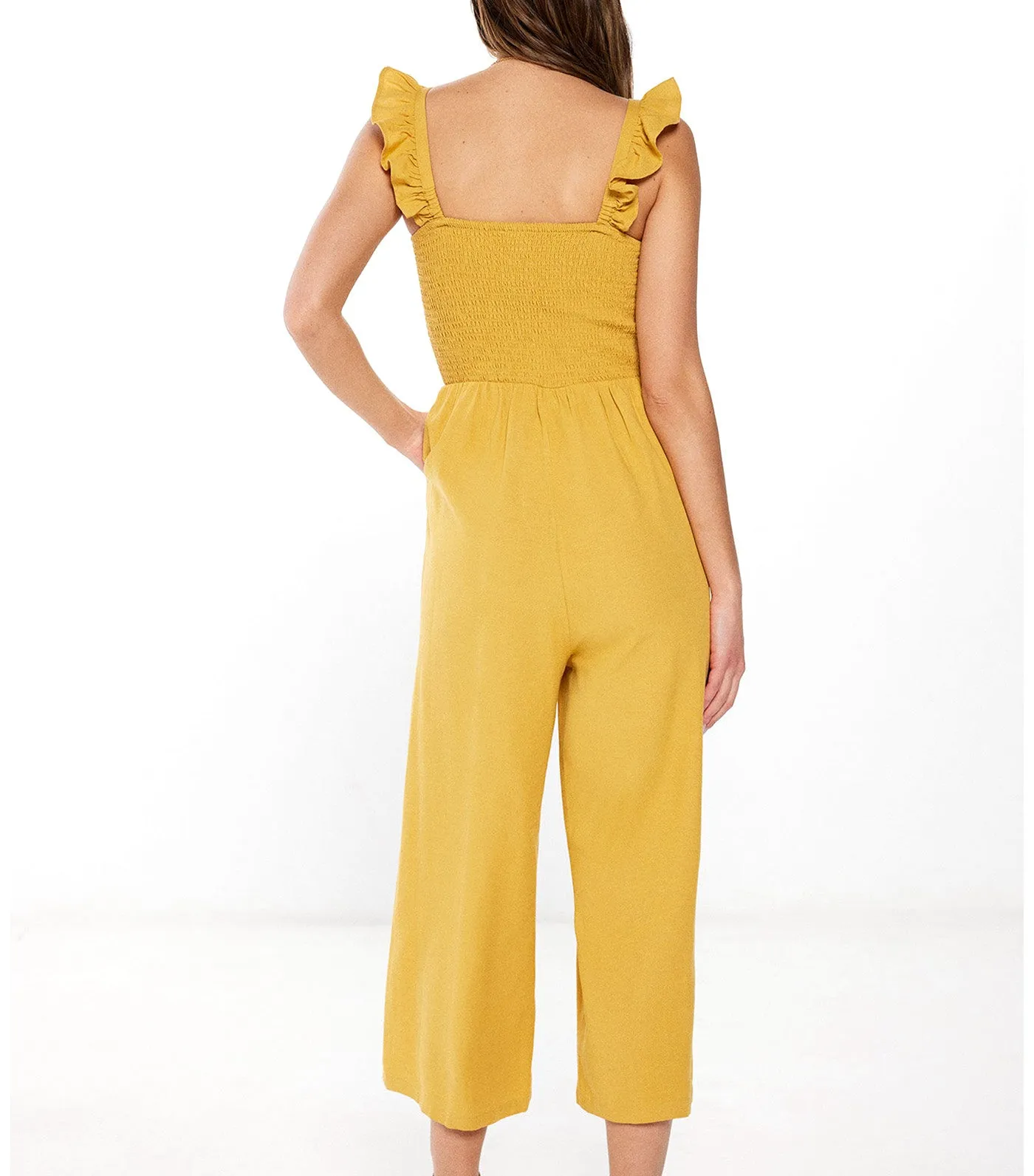 Linen Ruffled Straps Jumpsuit Yellow