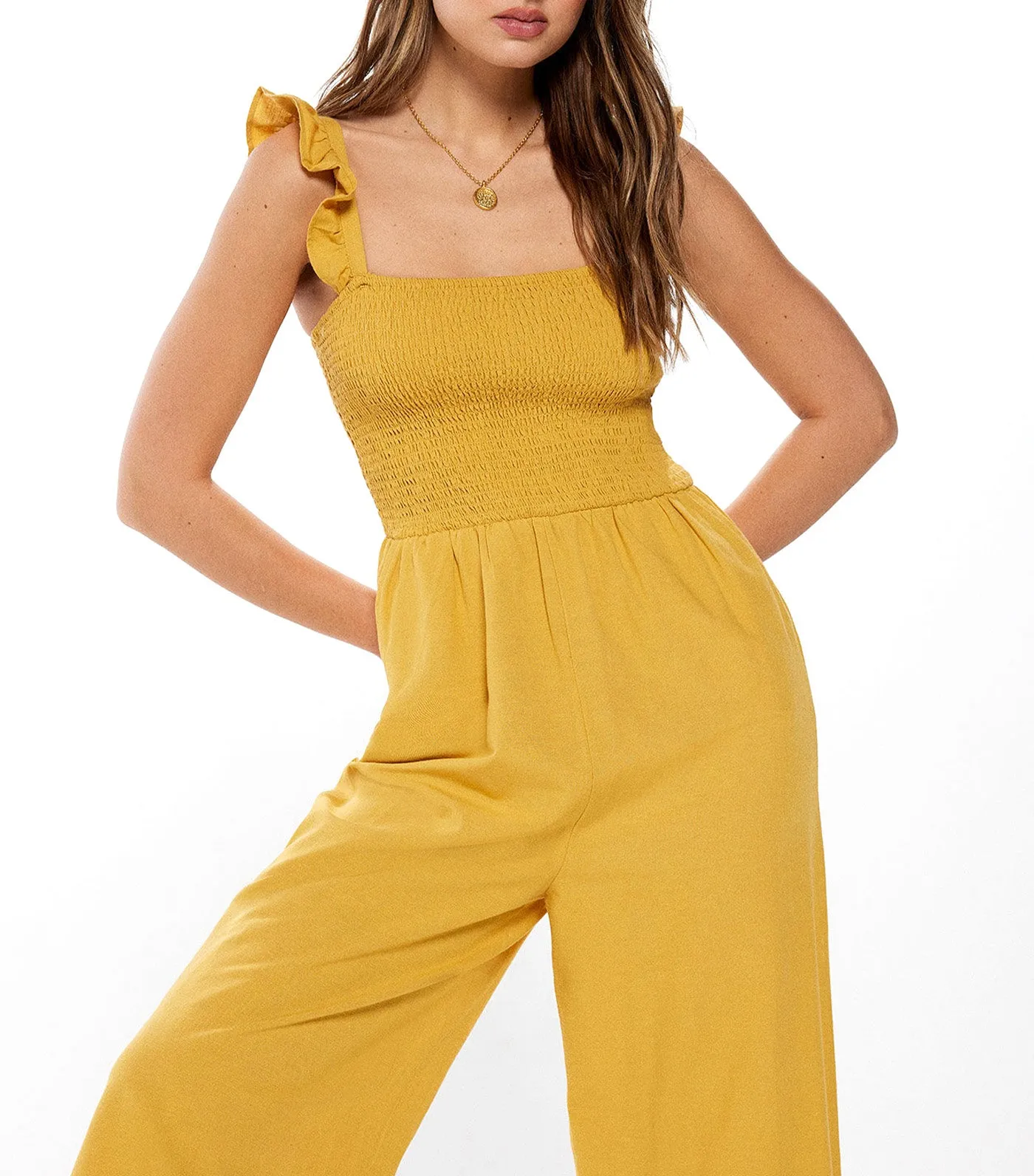 Linen Ruffled Straps Jumpsuit Yellow