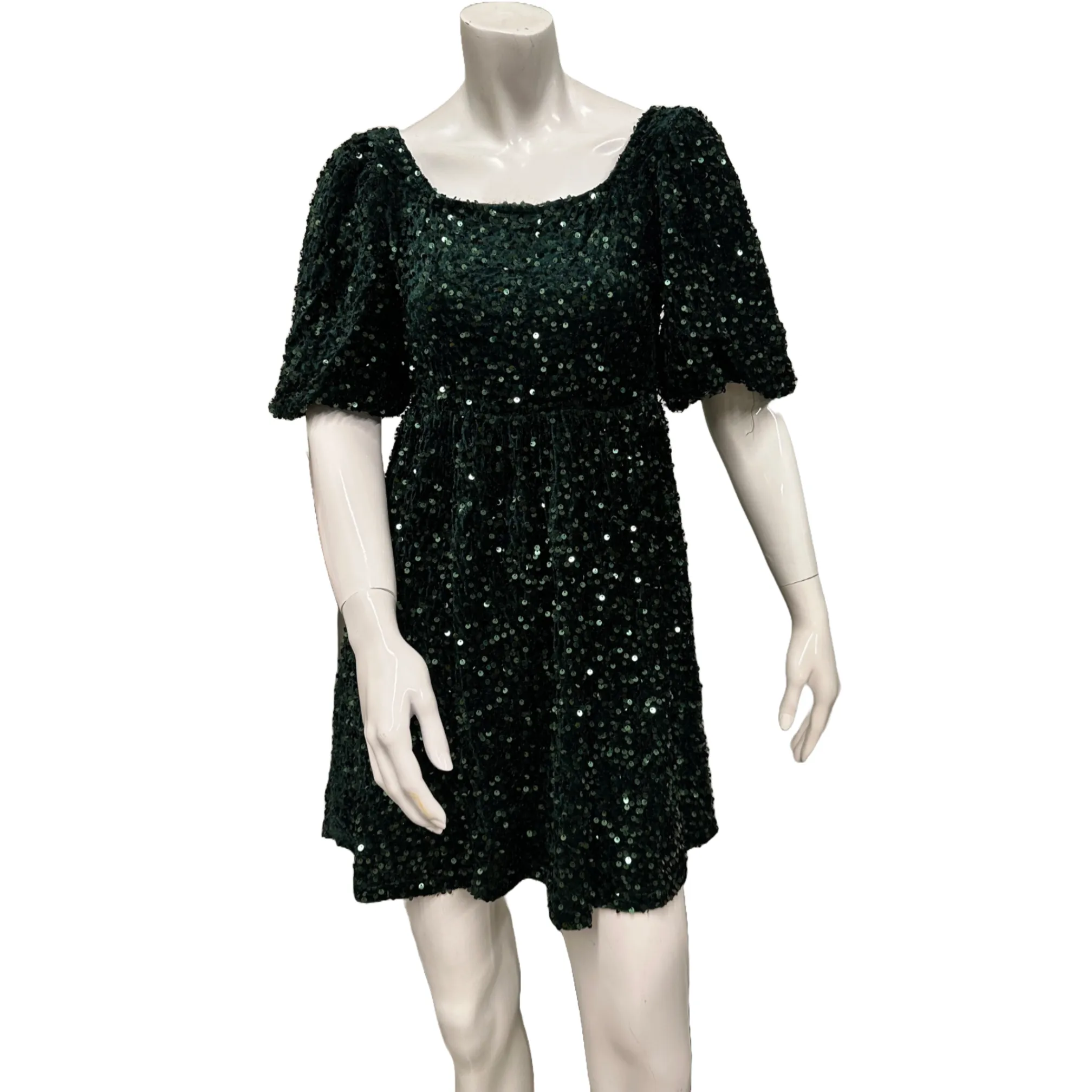 Listicle Ladies Sequin Puff Sleeve Velvet Green Babydoll Dress LD1300-GRN