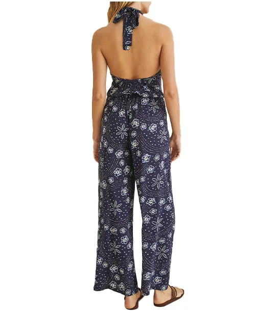 Long Printed Halterneck Jumpsuit Blue