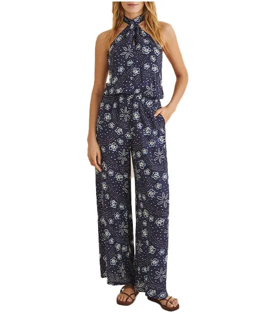 Long Printed Halterneck Jumpsuit Blue