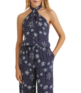 Long Printed Halterneck Jumpsuit Blue