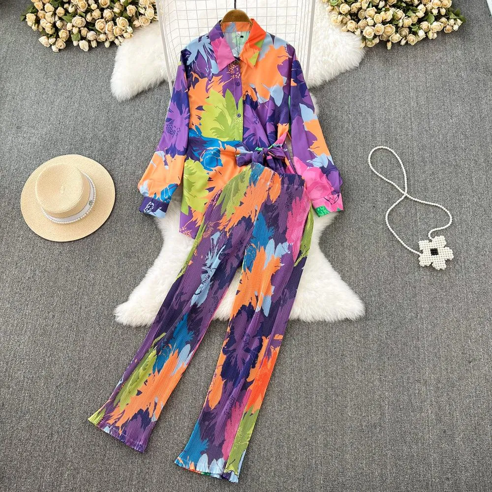 Loose Long-sleeved Single-breasted Shirt Two-piece High Waist Slimming Tie-dyed Printed Wide-leg Pants