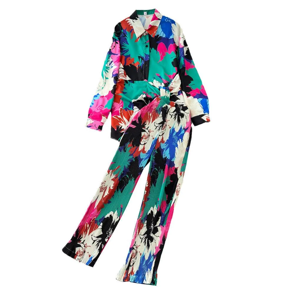 Loose Long-sleeved Single-breasted Shirt Two-piece High Waist Slimming Tie-dyed Printed Wide-leg Pants