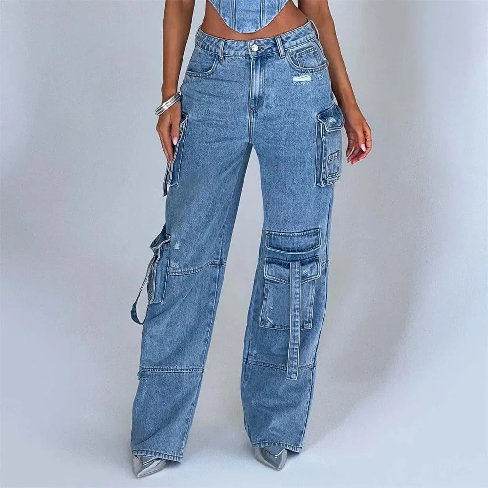 Low Waist Multipocket Cargo Pants & Laced Back Tube Top Denim Set