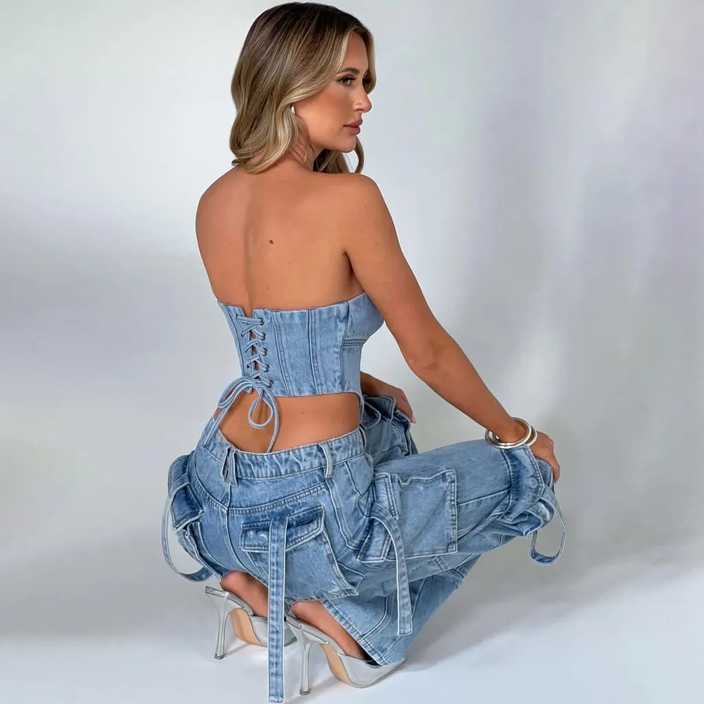 Low Waist Multipocket Cargo Pants & Laced Back Tube Top Denim Set