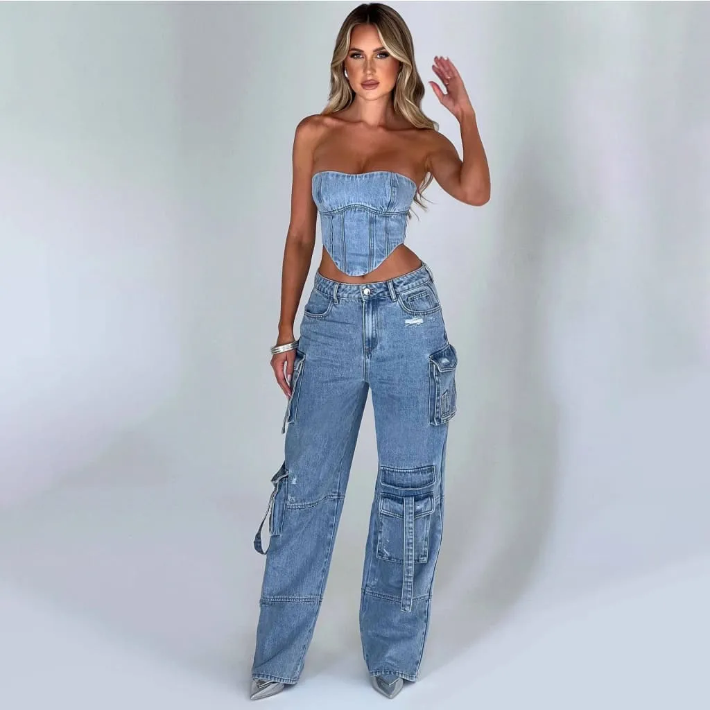 Low Waist Multipocket Cargo Pants & Laced Back Tube Top Denim Set