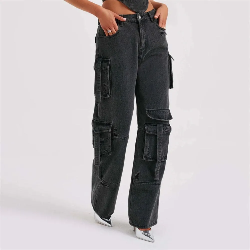 Low Waist Multipocket Cargo Pants & Laced Back Tube Top Denim Set