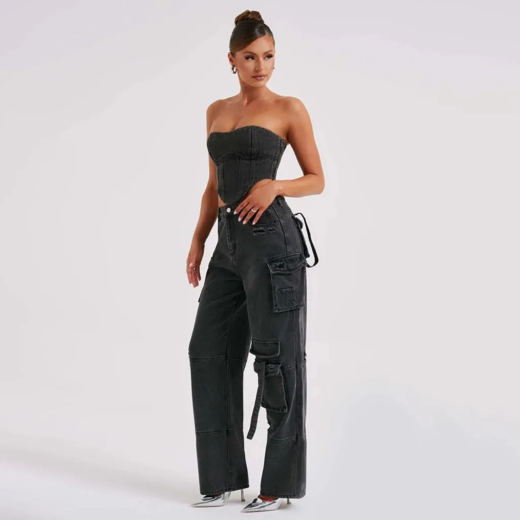 Low Waist Multipocket Cargo Pants & Laced Back Tube Top Denim Set