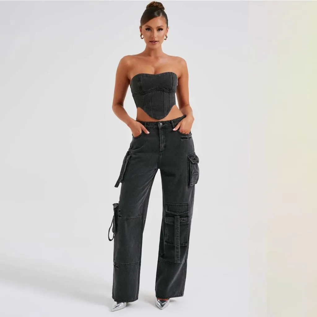 Low Waist Multipocket Cargo Pants & Laced Back Tube Top Denim Set