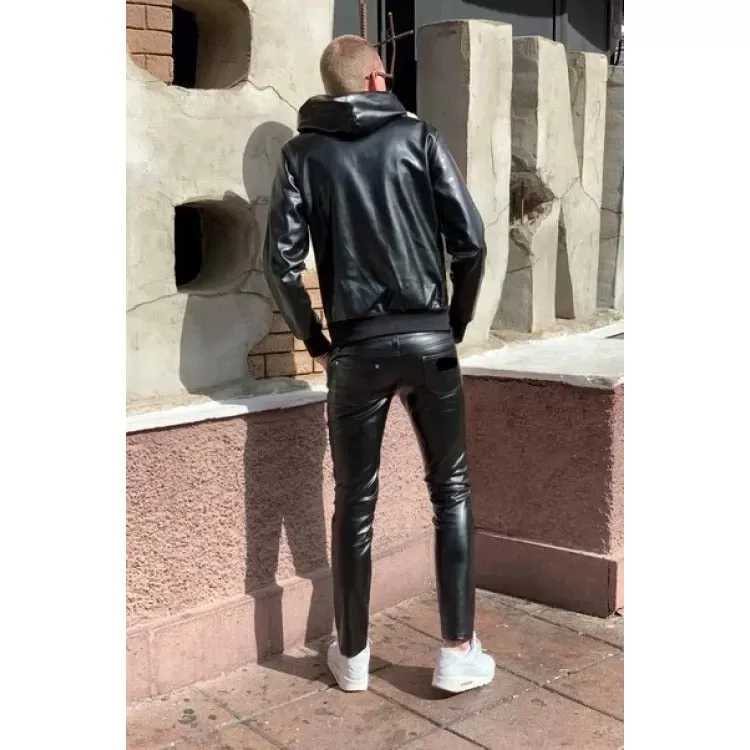 Male Classic Loose Fit Real Black Leather Pants