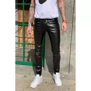 Male Classic Loose Fit Real Black Leather Pants