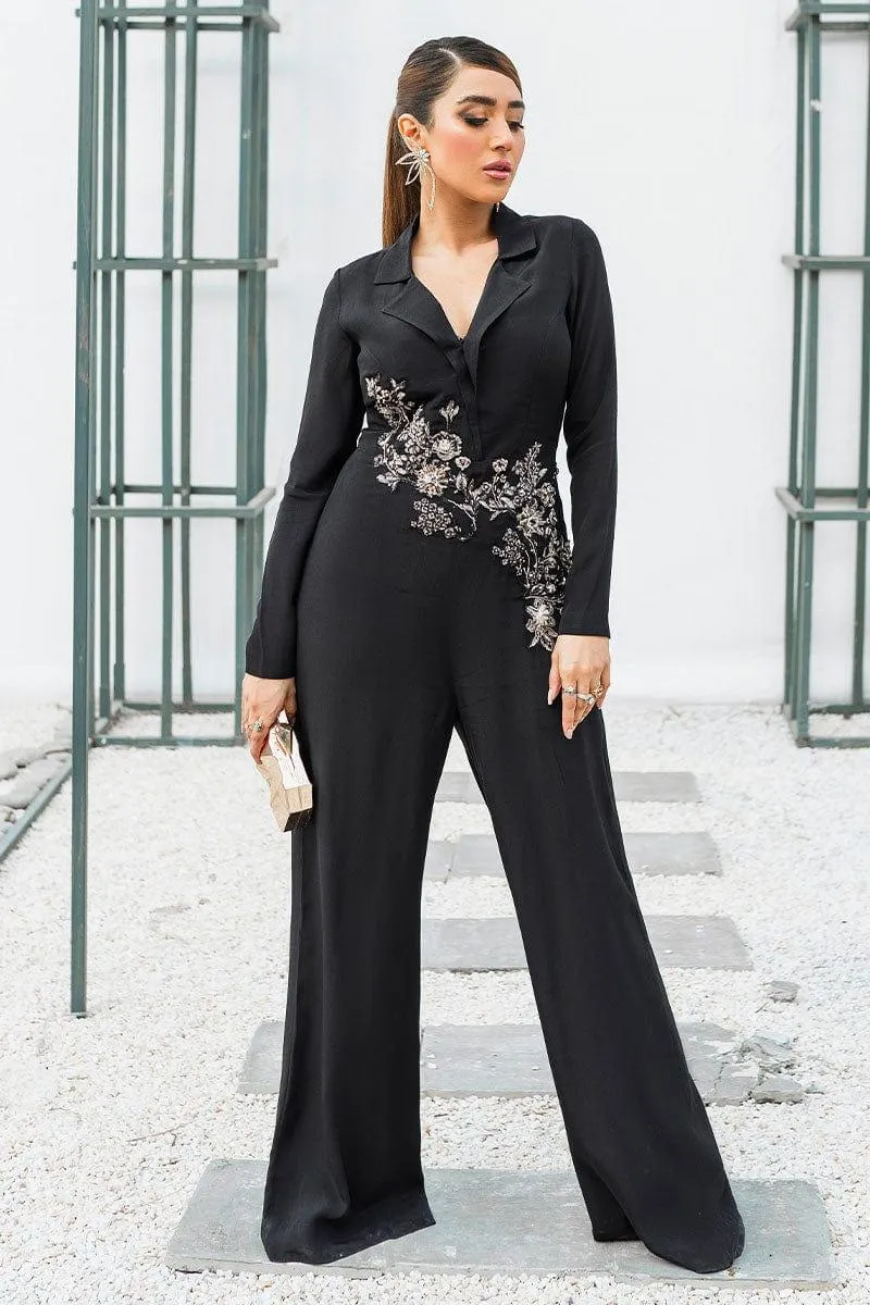 Malook - Ciara - Black - Embroidered Silk- Jumpsuit - 1 Piece