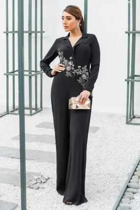 Malook - Ciara - Black - Embroidered Silk- Jumpsuit - 1 Piece