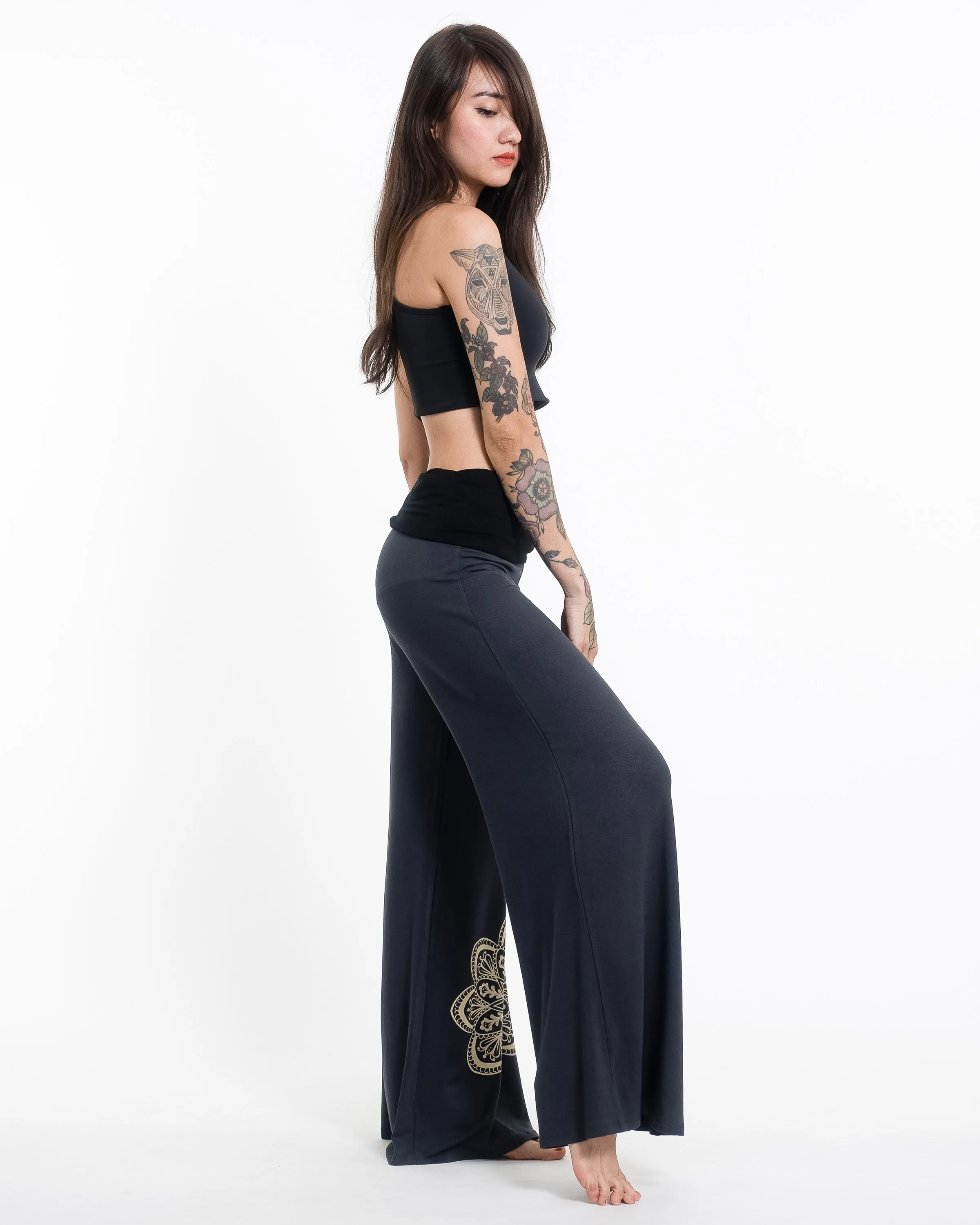 Mandala Spandex Wide Leg Palazzo Pants in Gray