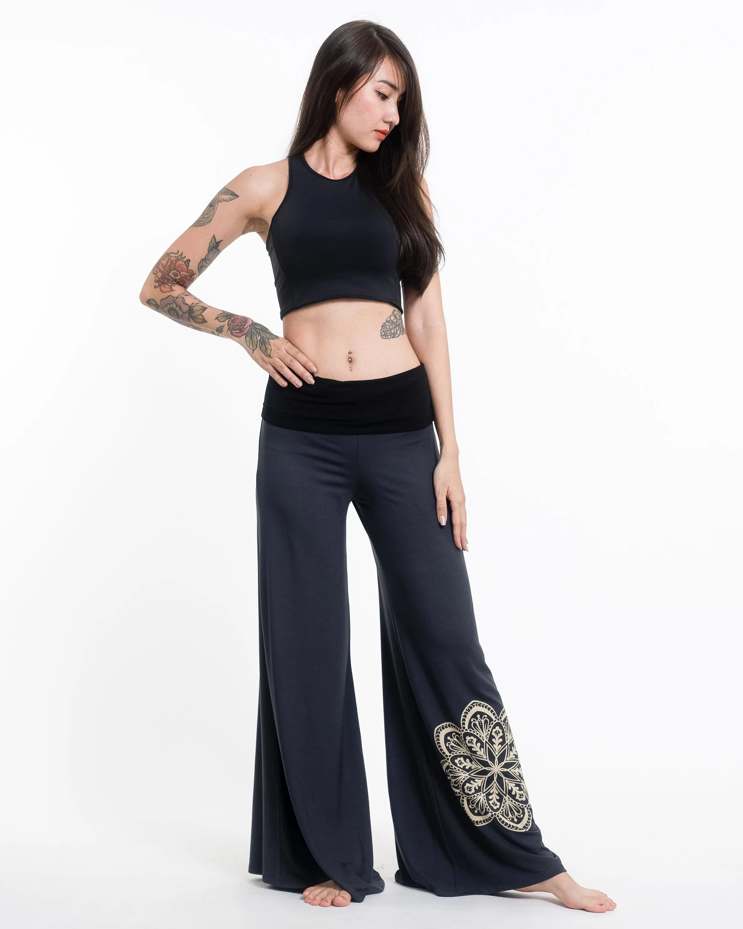 Mandala Spandex Wide Leg Palazzo Pants in Gray