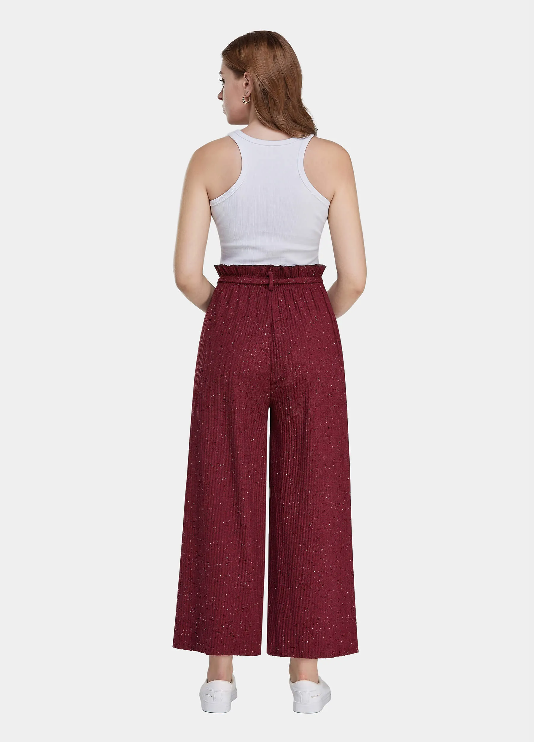 MECALA Women's Elastic High Waisted Wide Leg Pants Ruffle Trims Belted Casual Trousers