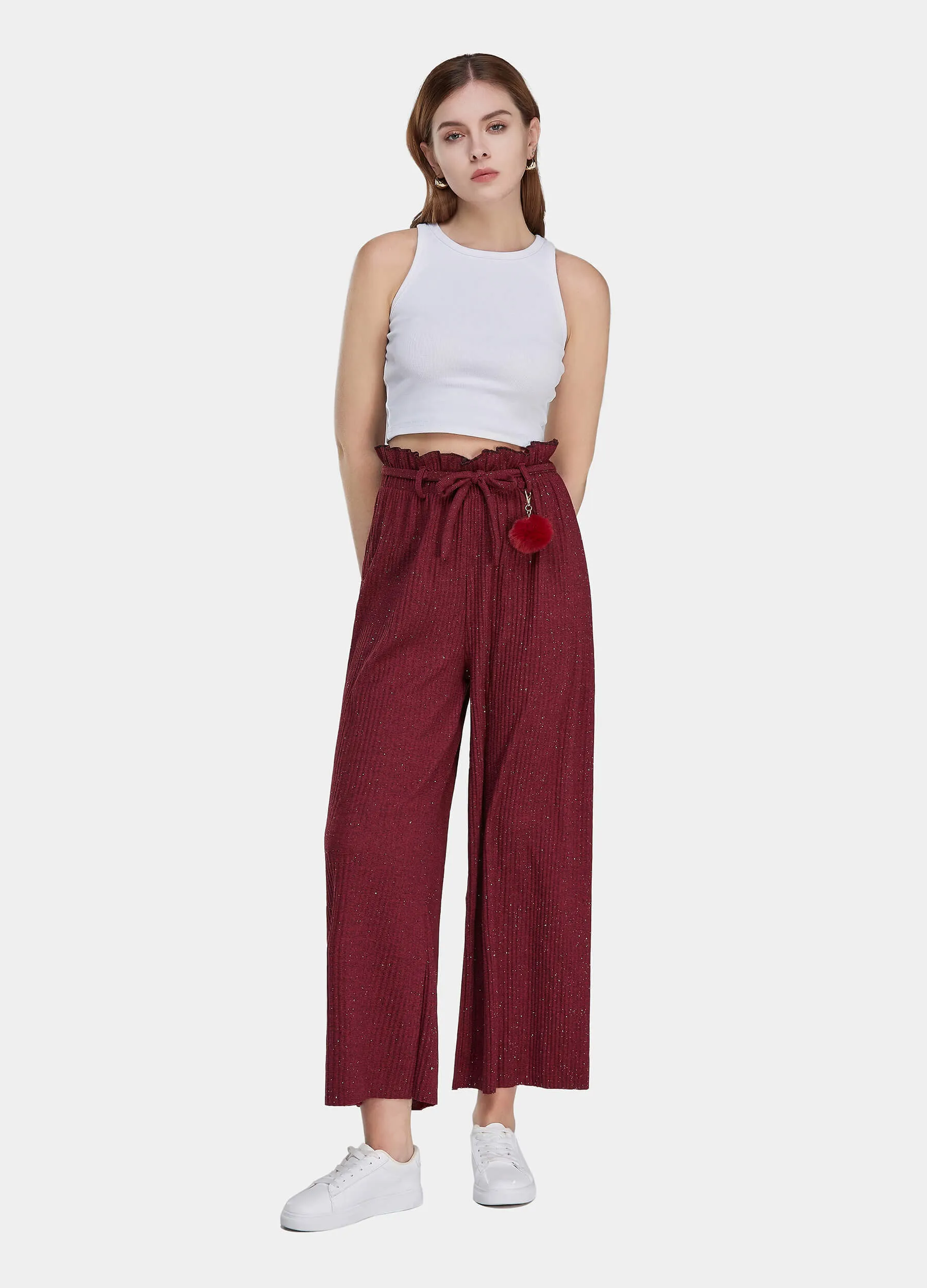 MECALA Women's Elastic High Waisted Wide Leg Pants Ruffle Trims Belted Casual Trousers