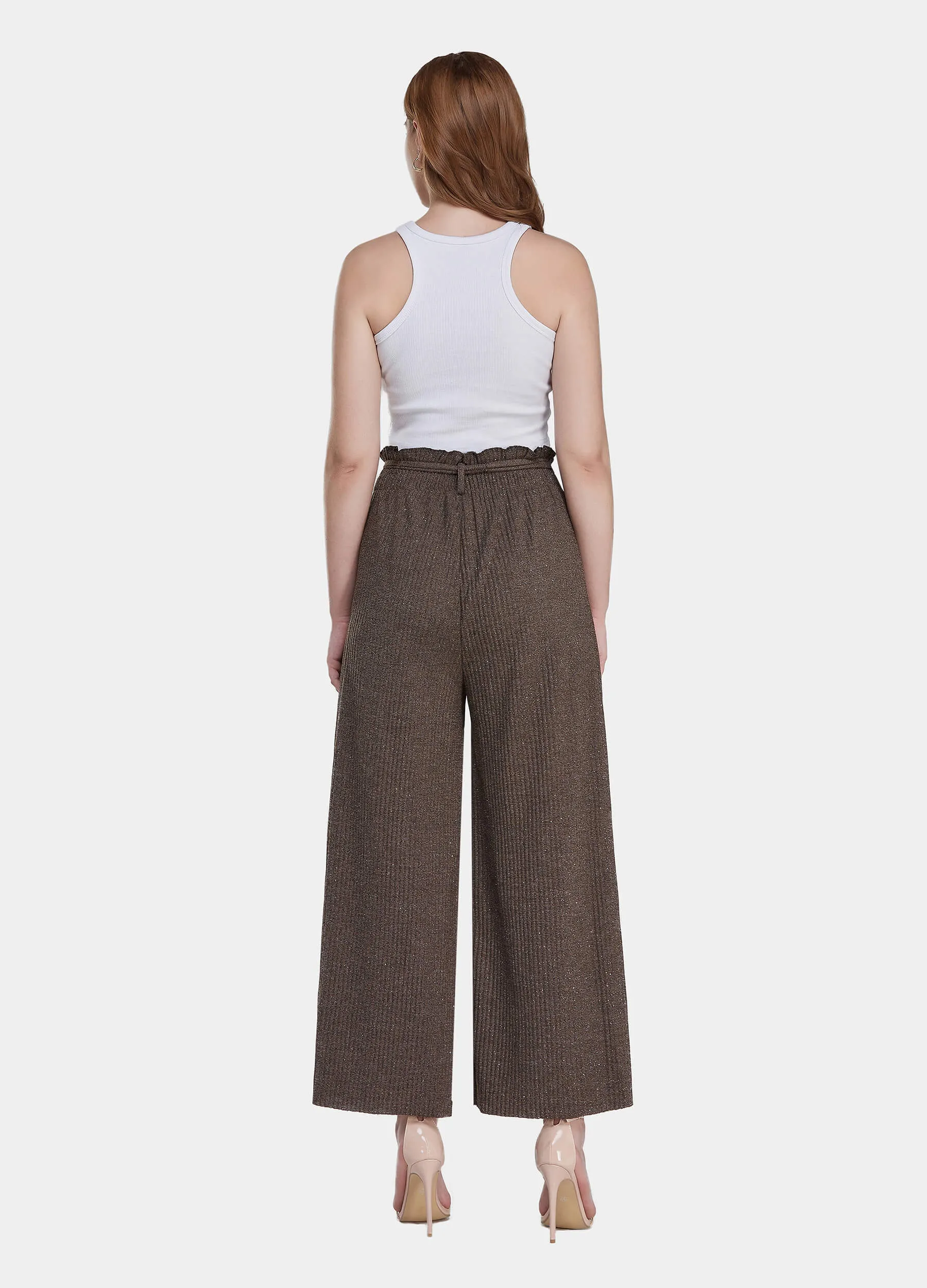 MECALA Women's Elastic High Waisted Wide Leg Pants Ruffle Trims Belted Casual Trousers