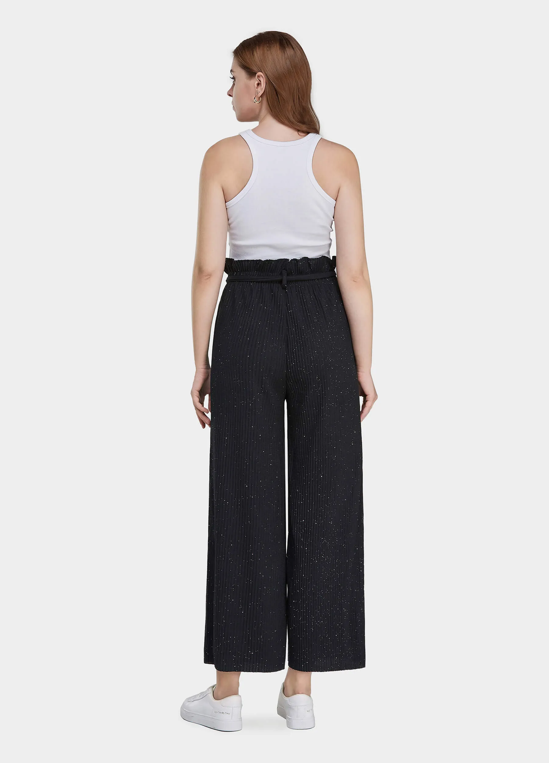 MECALA Women's Elastic High Waisted Wide Leg Pants Ruffle Trims Belted Casual Trousers