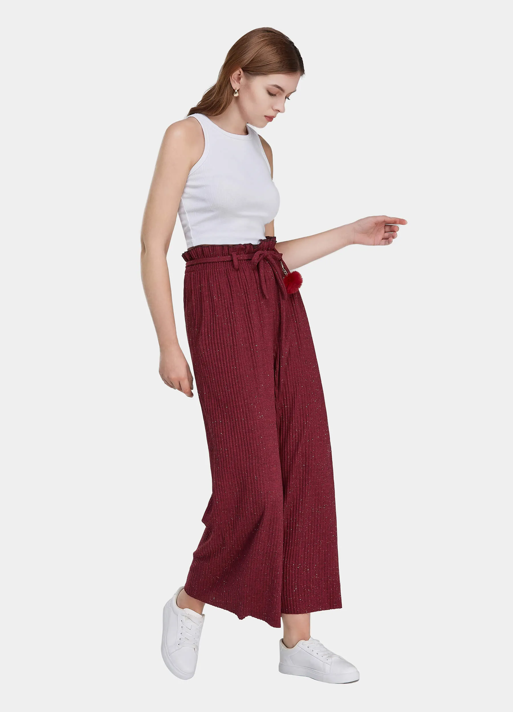 MECALA Women's Elastic High Waisted Wide Leg Pants Ruffle Trims Belted Casual Trousers